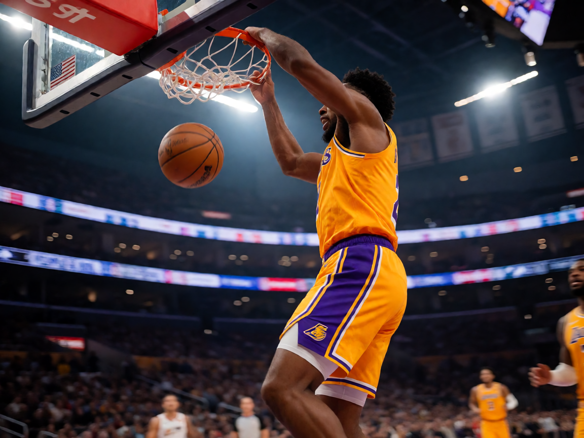 篮球运动员在比赛中腾空扣篮的精彩瞬间,展现NBA赛场上的运动美感